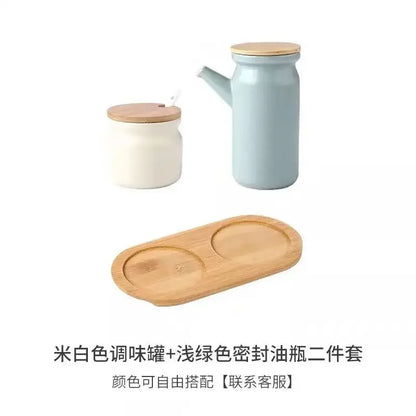 Simple and Solid Color Ceramic Salt Tank Oil Bottle Seasoning Tank Set Bamboo Board Base Set Household Kitchen Seasoning Tank