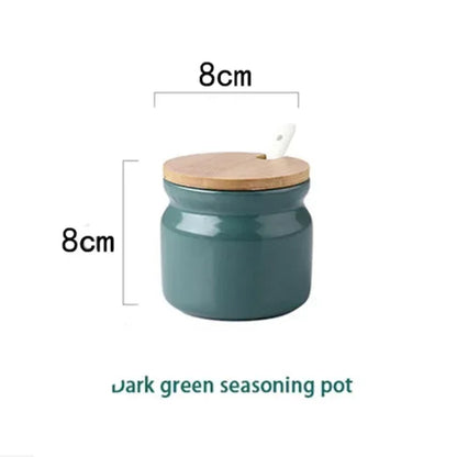 Simple and Solid Color Ceramic Salt Tank Oil Bottle Seasoning Tank Set Bamboo Board Base Set Household Kitchen Seasoning Tank