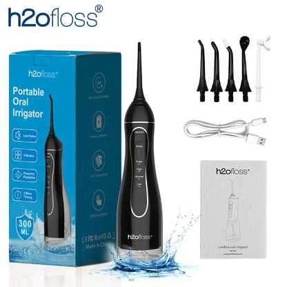 H2ofloss Water Flosser Oral Irrigator 300ml 140PSI with Gravity Ball Design 5 Modes 5 Tips USB Rechargeable for Teeth Cleaning