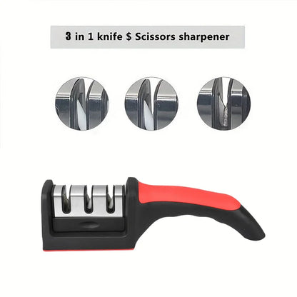 Ergonomic Handle 3 in 1 Knife Sharpener Stainless Steel Slots Sharpens Knives Scissors 19.3cm Kitchen Sharpening Tool