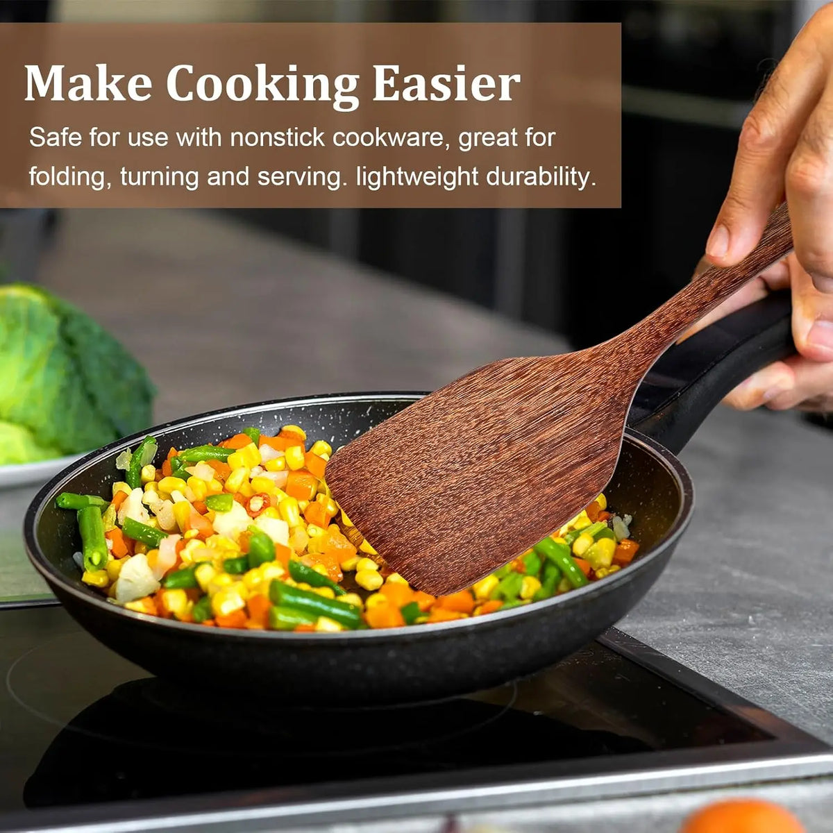 Wooden Spatula Ladle Kitchen Utensil for Cooking Nonstick Frying Pan Wok Wood Turner Stirring 30 cm Long Handle Serving Spoon