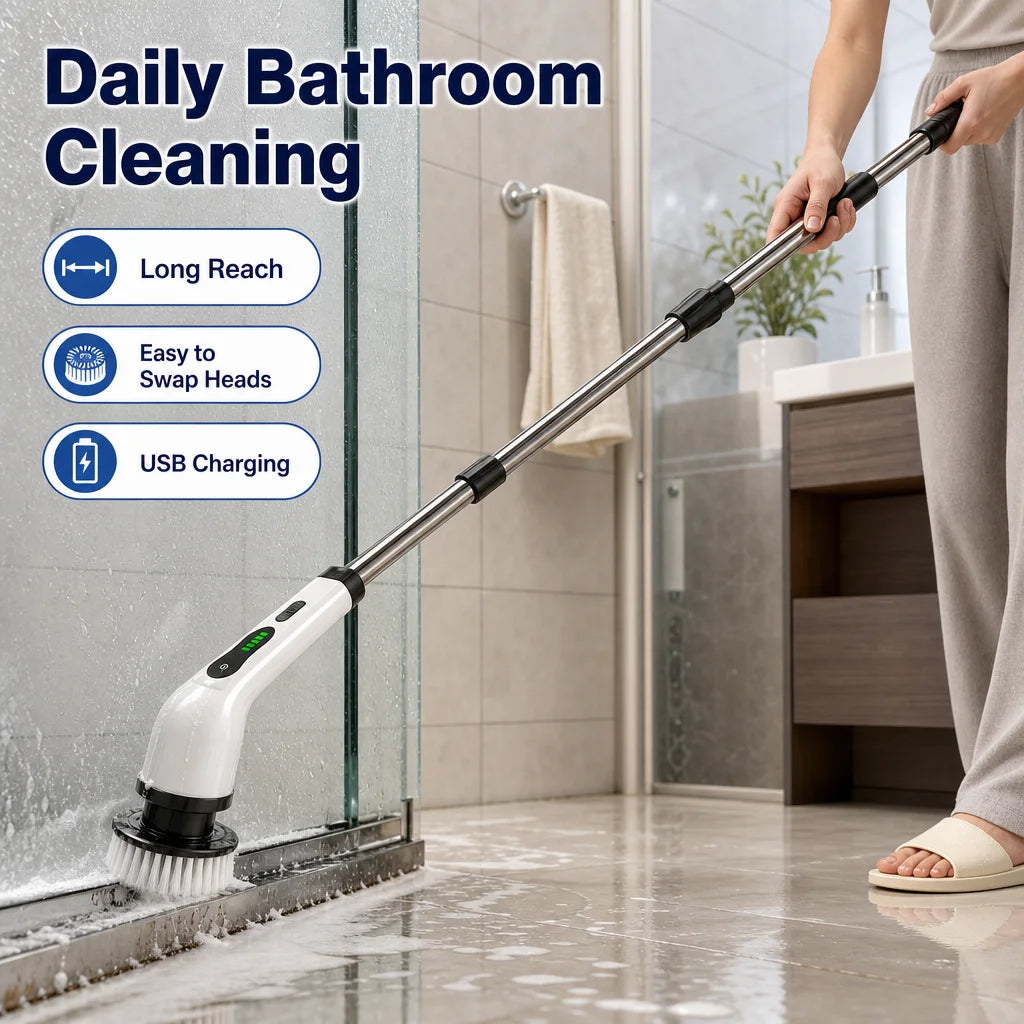 Cordless Electric Spin Scrubber Rechargeable Cleaning Brush with 12 Replaceable Brush Heads Adjustable Extension Handle for Bathroom Tile Floor Car