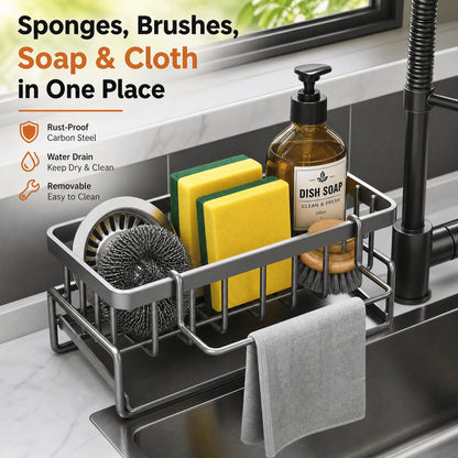 Kitchen Sink Organizer Carbon Steel with Tilted Water Tray Storage Rack for Sponge Brush 23×9×10cm