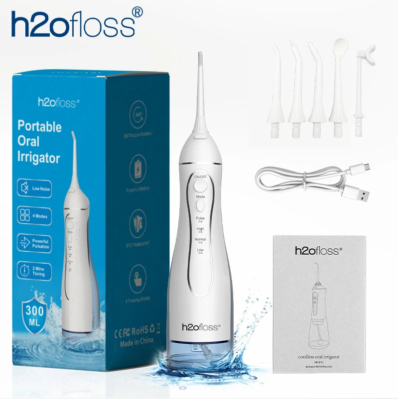 H2ofloss Water Flosser Oral Irrigator 300ml 140PSI with Gravity Ball Design 5 Modes 5 Tips USB Rechargeable for Teeth Cleaning