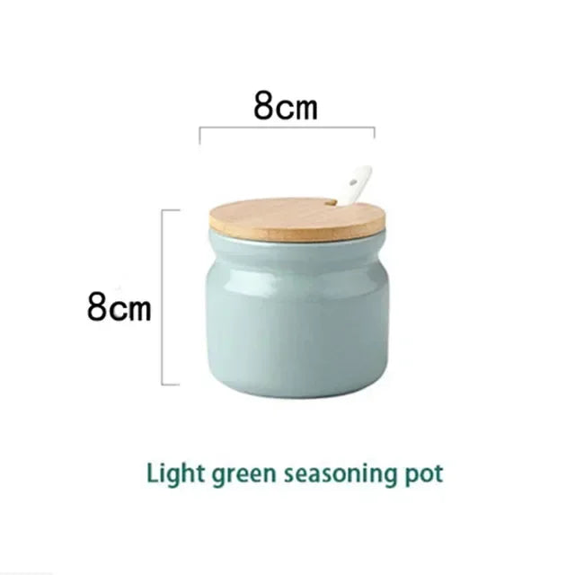 Simple and Solid Color Ceramic Salt Tank Oil Bottle Seasoning Tank Set Bamboo Board Base Set Household Kitchen Seasoning Tank