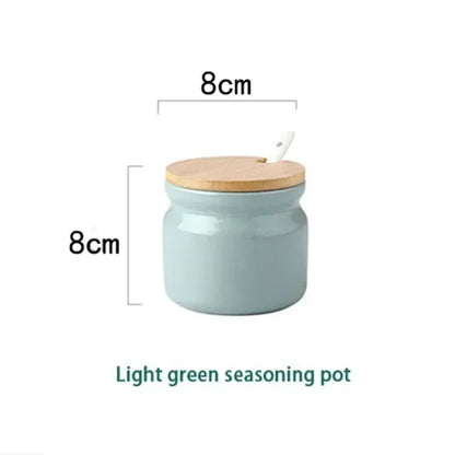 Simple and Solid Color Ceramic Salt Tank Oil Bottle Seasoning Tank Set Bamboo Board Base Set Household Kitchen Seasoning Tank