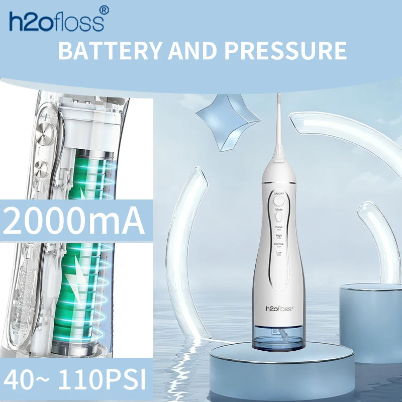 H2ofloss Water Flosser Oral Irrigator 300ml 140PSI with Gravity Ball Design 5 Modes 5 Tips USB Rechargeable for Teeth Cleaning