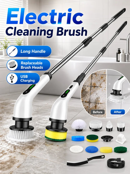 Cordless Electric Spin Scrubber Rechargeable Cleaning Brush with 12 Replaceable Brush Heads Adjustable Extension Handle for Bathroom Tile Floor Car