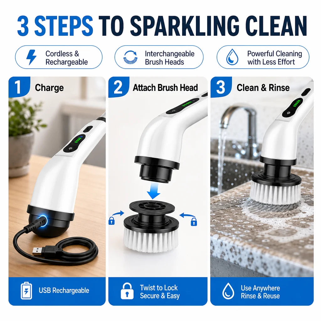 Cordless Electric Spin Scrubber Rechargeable Cleaning Brush with 12 Replaceable Brush Heads Adjustable Extension Handle for Bathroom Tile Floor Car