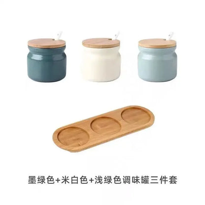 Simple and Solid Color Ceramic Salt Tank Oil Bottle Seasoning Tank Set Bamboo Board Base Set Household Kitchen Seasoning Tank