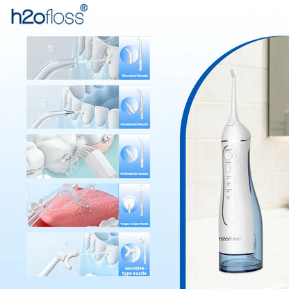 H2ofloss Water Flosser Oral Irrigator 300ml 140PSI with Gravity Ball Design 5 Modes 5 Tips USB Rechargeable for Teeth Cleaning