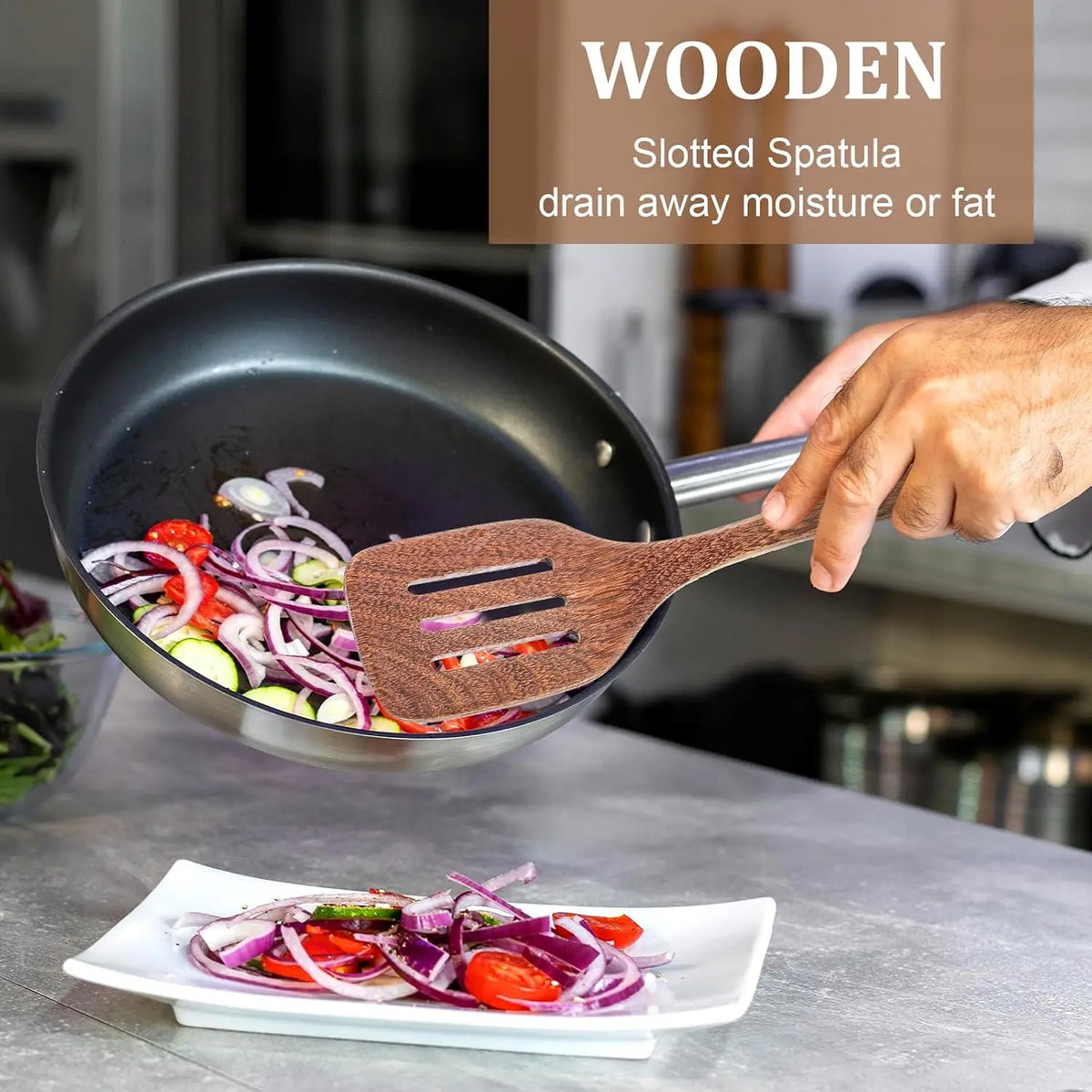 Wooden Spatula Ladle Kitchen Utensil for Cooking Nonstick Frying Pan Wok Wood Turner Stirring 30 cm Long Handle Serving Spoon