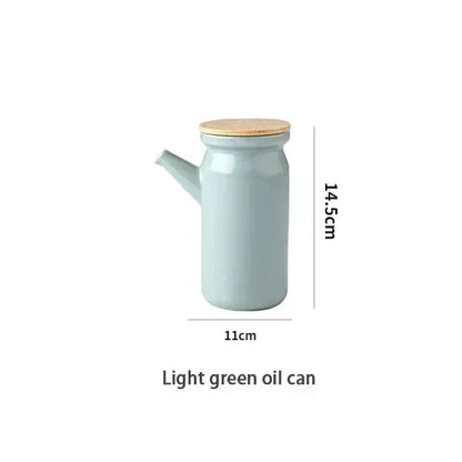 Simple and Solid Color Ceramic Salt Tank Oil Bottle Seasoning Tank Set Bamboo Board Base Set Household Kitchen Seasoning Tank
