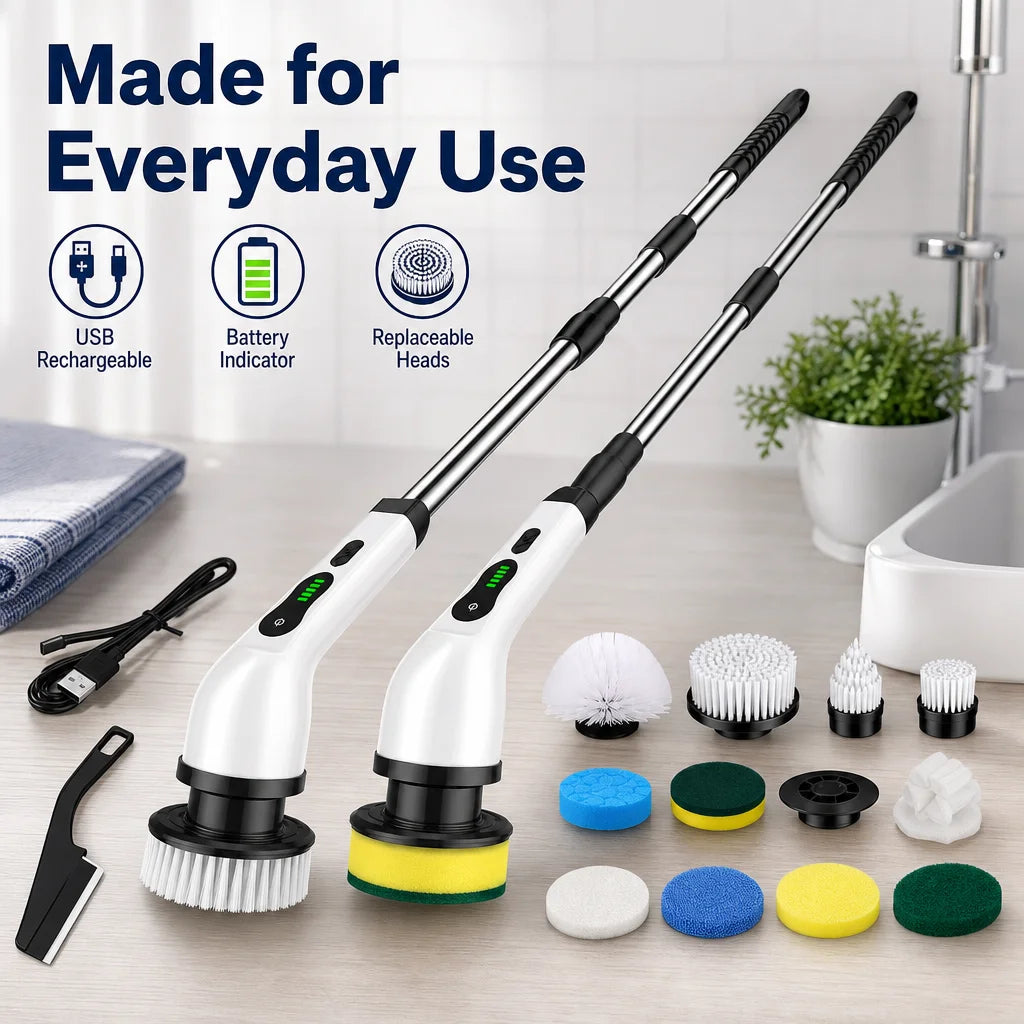 Cordless Electric Spin Scrubber Rechargeable Cleaning Brush with 12 Replaceable Brush Heads Adjustable Extension Handle for Bathroom Tile Floor Car
